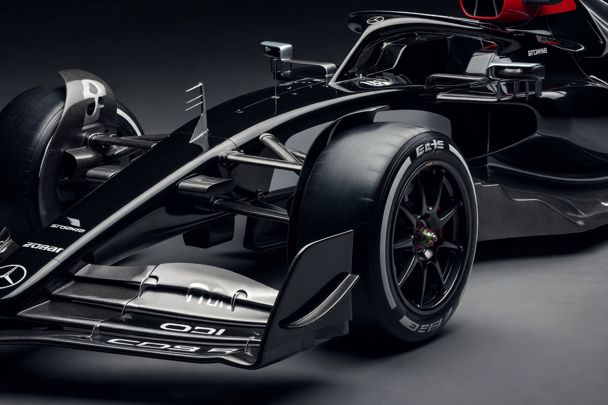 Black and silver performance car detail under studio light, evoking the Mercedes-AMG W11
