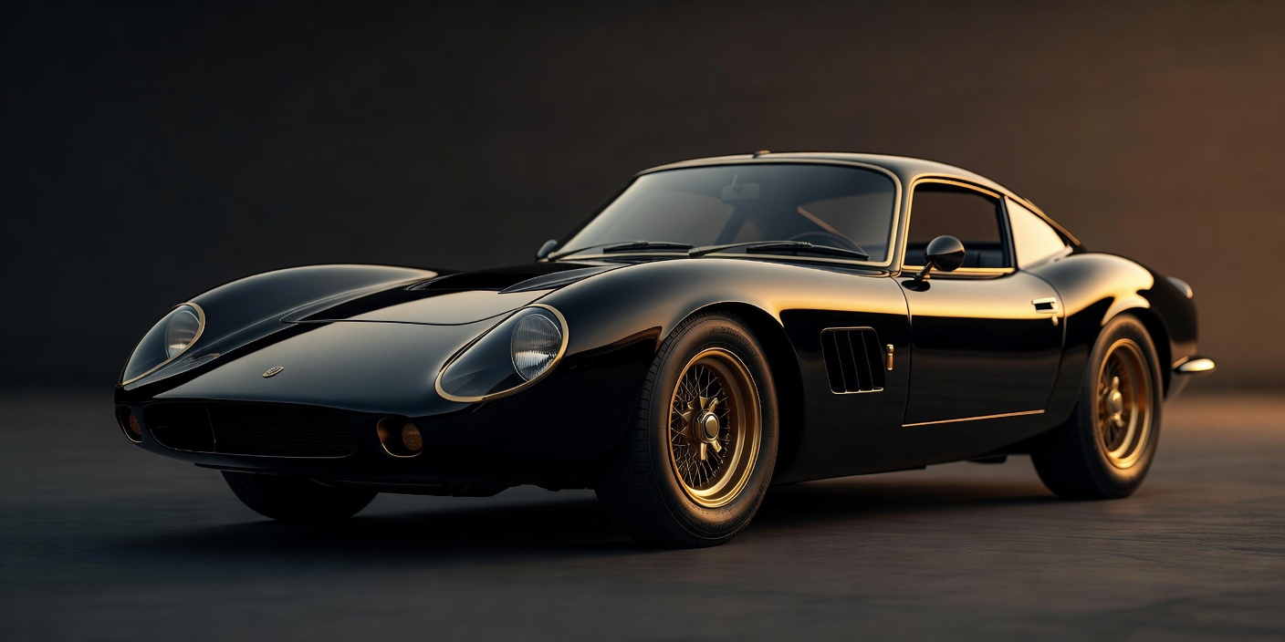 Dark car bodywork with warm highlights, illustrating a black and gold classic racing aesthetic