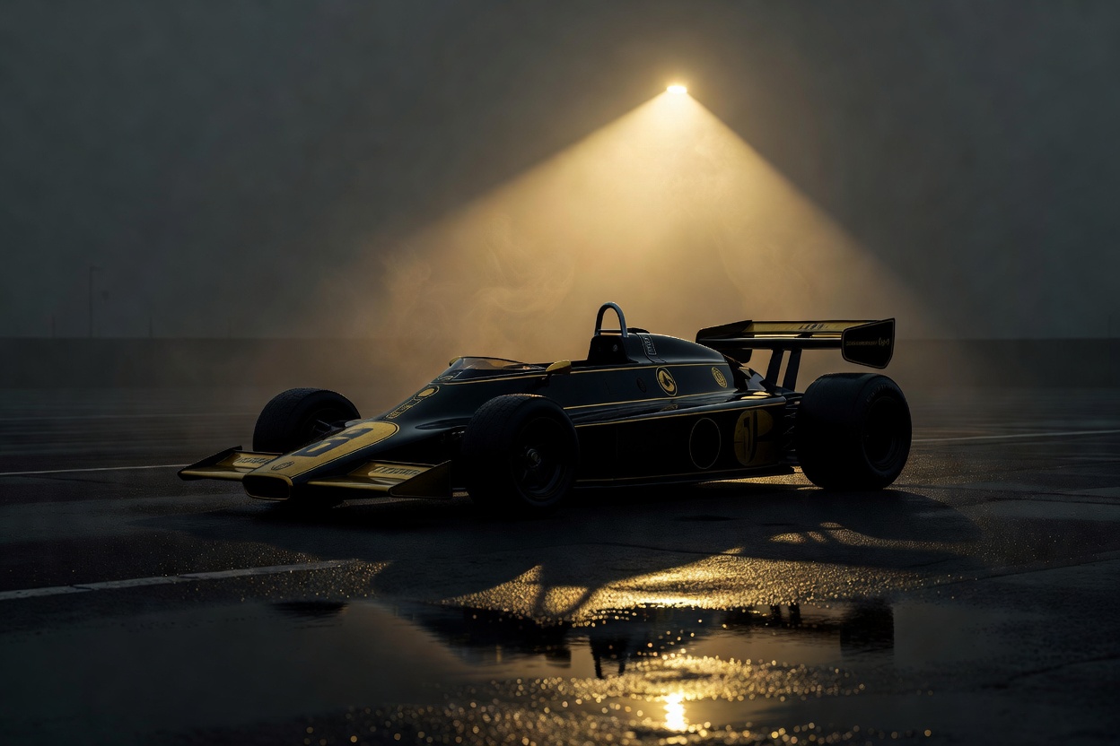 Dark classic car silhouette under moody light, evoking the black and gold Lotus 72D