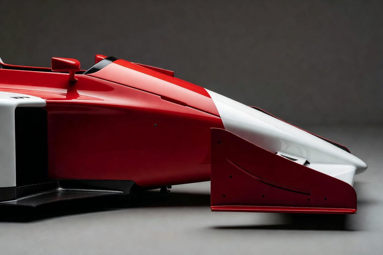 Glossy red performance car bodywork under studio light, evoking the red-and-white McLaren MP4/4