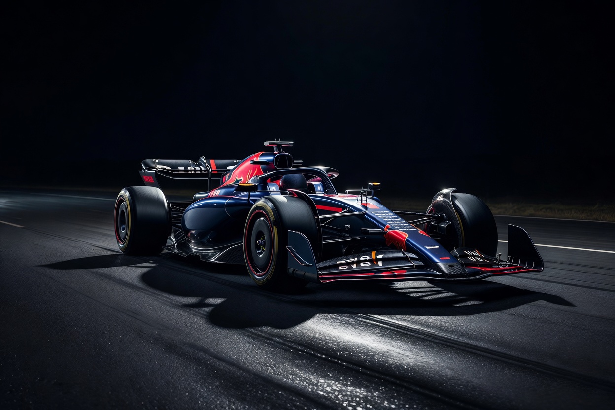 Modern performance car on a dark road with dramatic highlights, evoking the Red Bull RB19