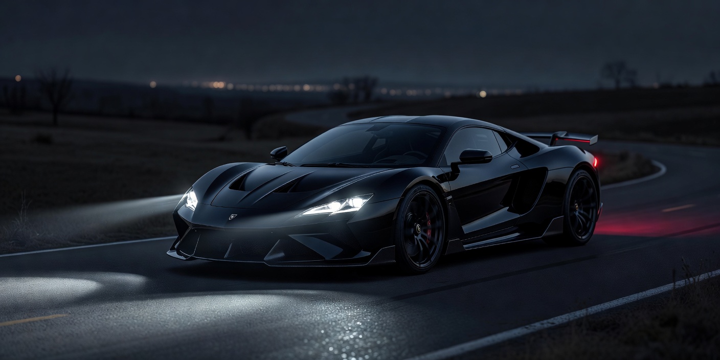 Modern sports car on a dark road, illustrating contemporary high-performance styling