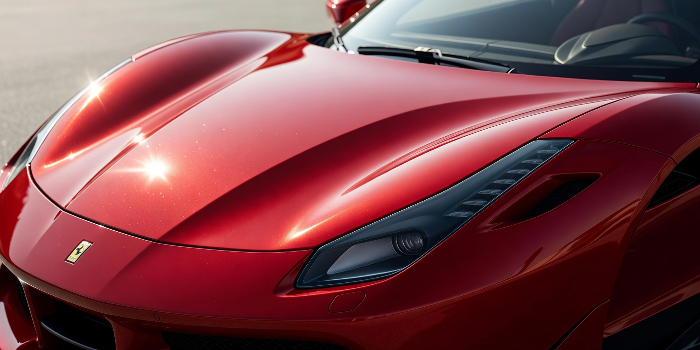 Polished scarlet car surfaces with strong highlights, illustrating the Ferrari racing red finish