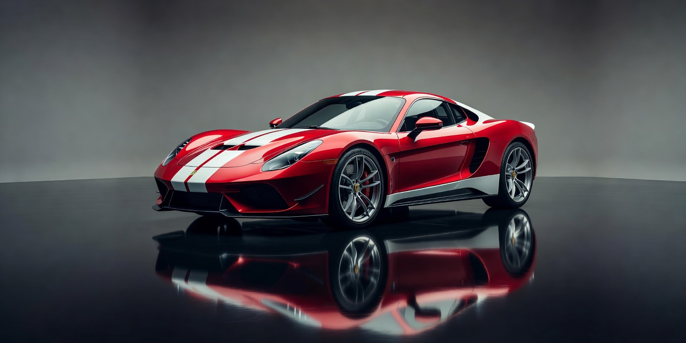 Red sports car in a studio with polished reflections, illustrating the red-and-white racing aesthetic