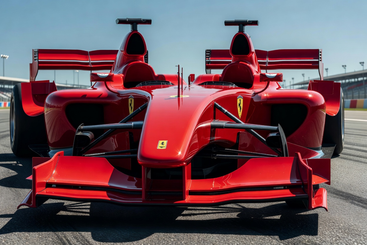 Scarlet racing car paintwork with sharp reflections, evoking the Ferrari F2004