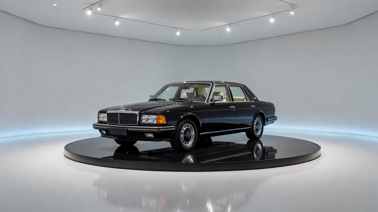 Car displayed under showroom lighting, representing display cases and preservation